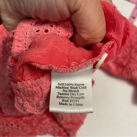 JOHNNY WAS BUTTON FRONT CORAL Eyelet EMBROIDERED BLOUSE 3/4‎ sleeve sz small - Picture 7 of 9